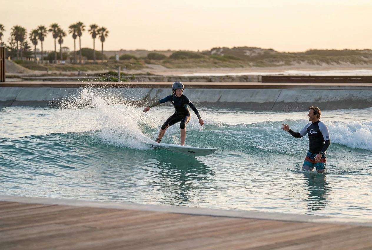 Young surfer learning on a small breaking wave with a surf coach nearby