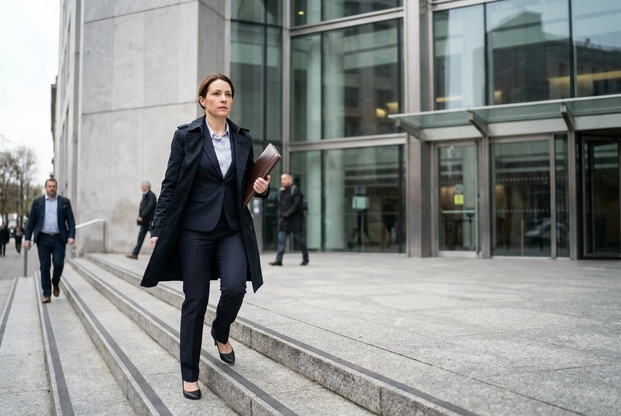 Attorney arriving confidently at a courthouse with case materials