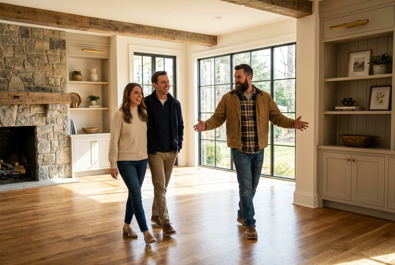 Builder and homeowners touring a completed modern renovation