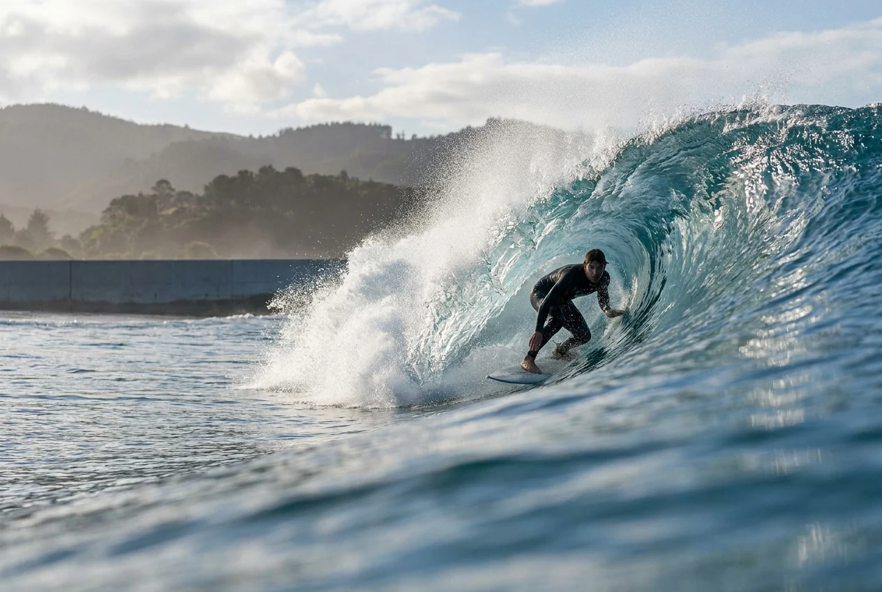 Surfer riding through a glassy barrel wave at a surf park