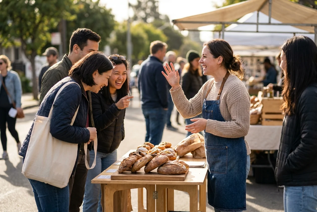 Local business owner connecting with neighbors at a community event