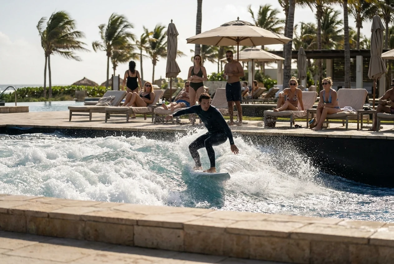 Surfer riding beside a stylish resort pool deck