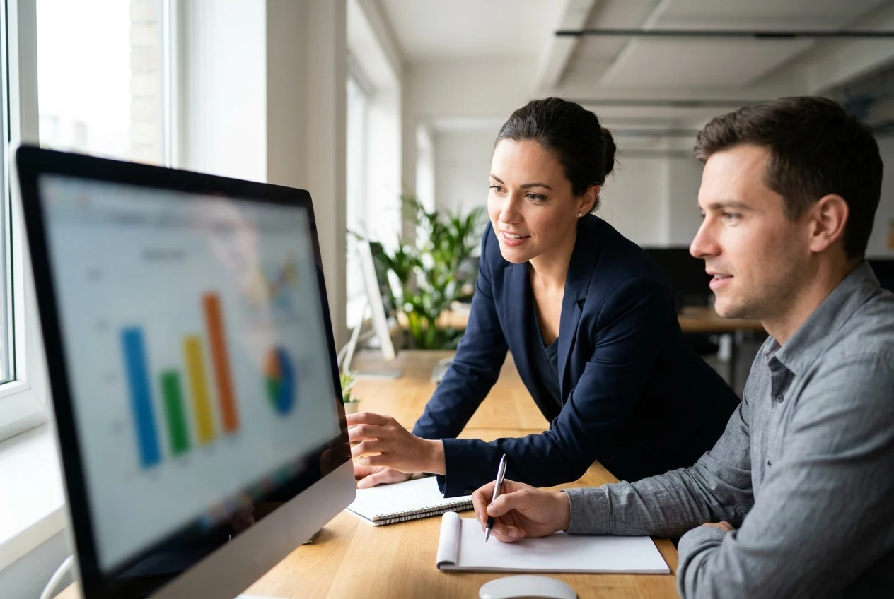 Search strategist analyzing performance trends on a clean dashboard