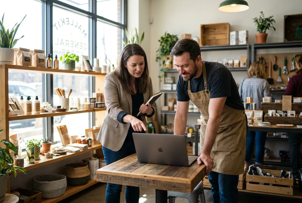 Local SEO specialist consulting with a neighborhood business owner