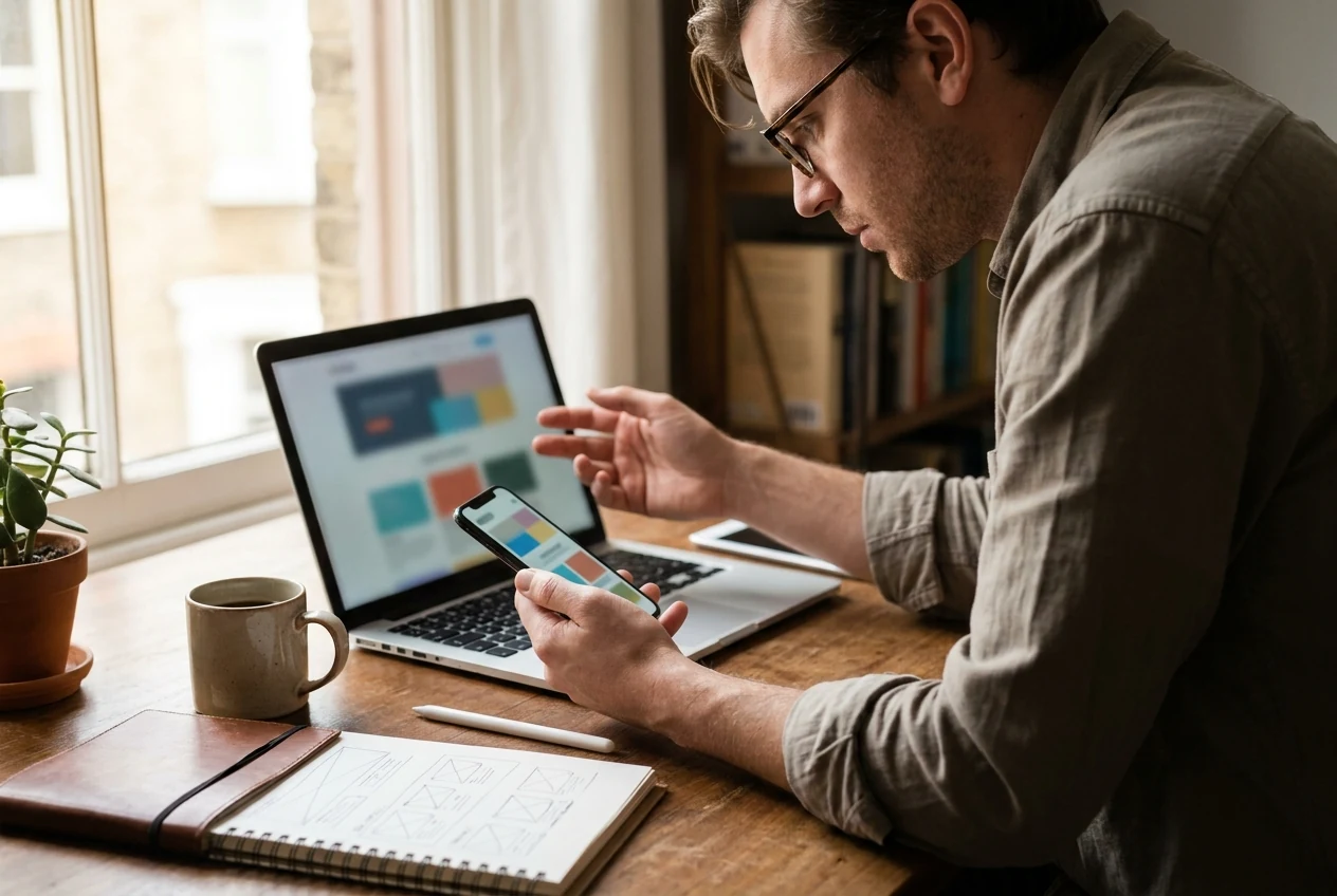 Designer reviewing a responsive website concept on a mobile device