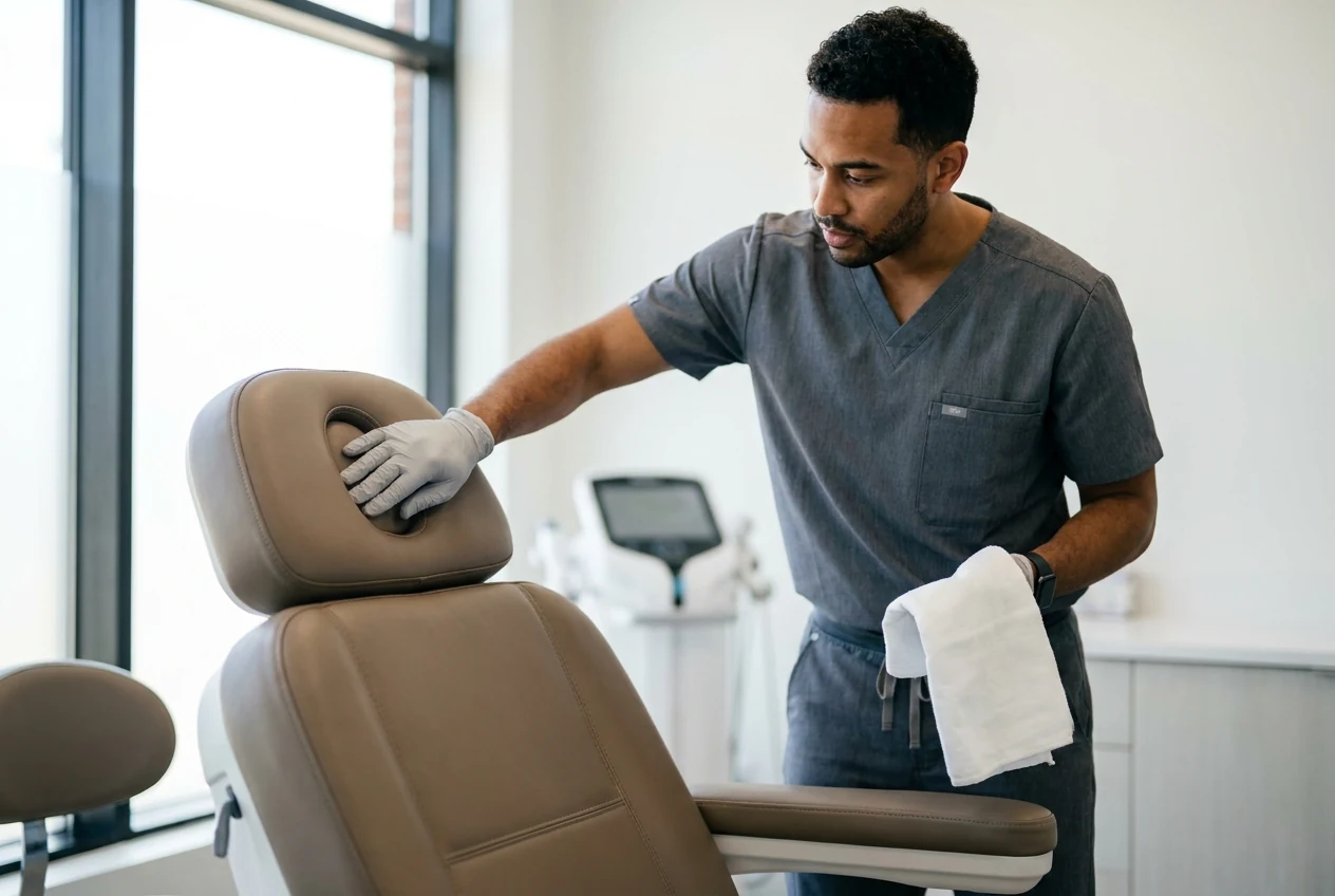 Clinician preparing a pristine treatment room with precision