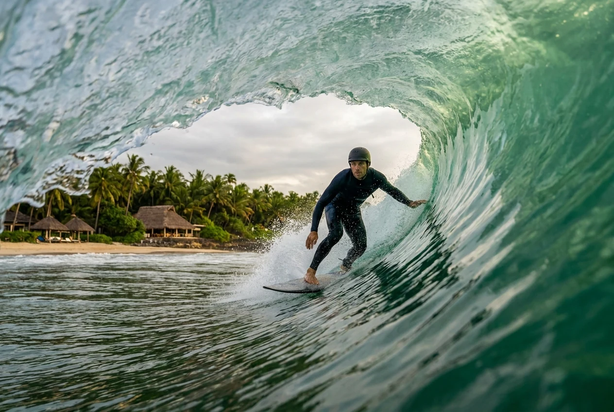 Surfer in a glassy resort surf-park barrel
