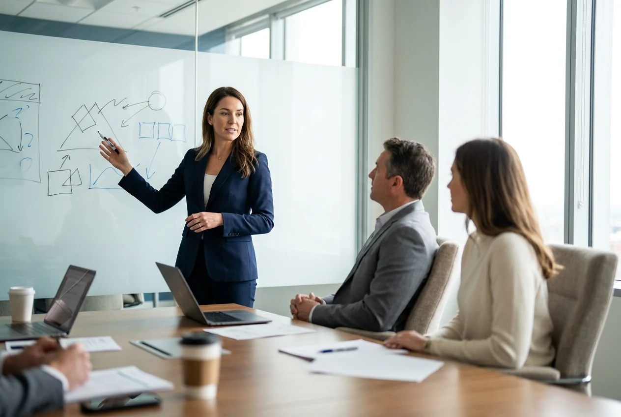 SEO consultant leading an animated client strategy workshop