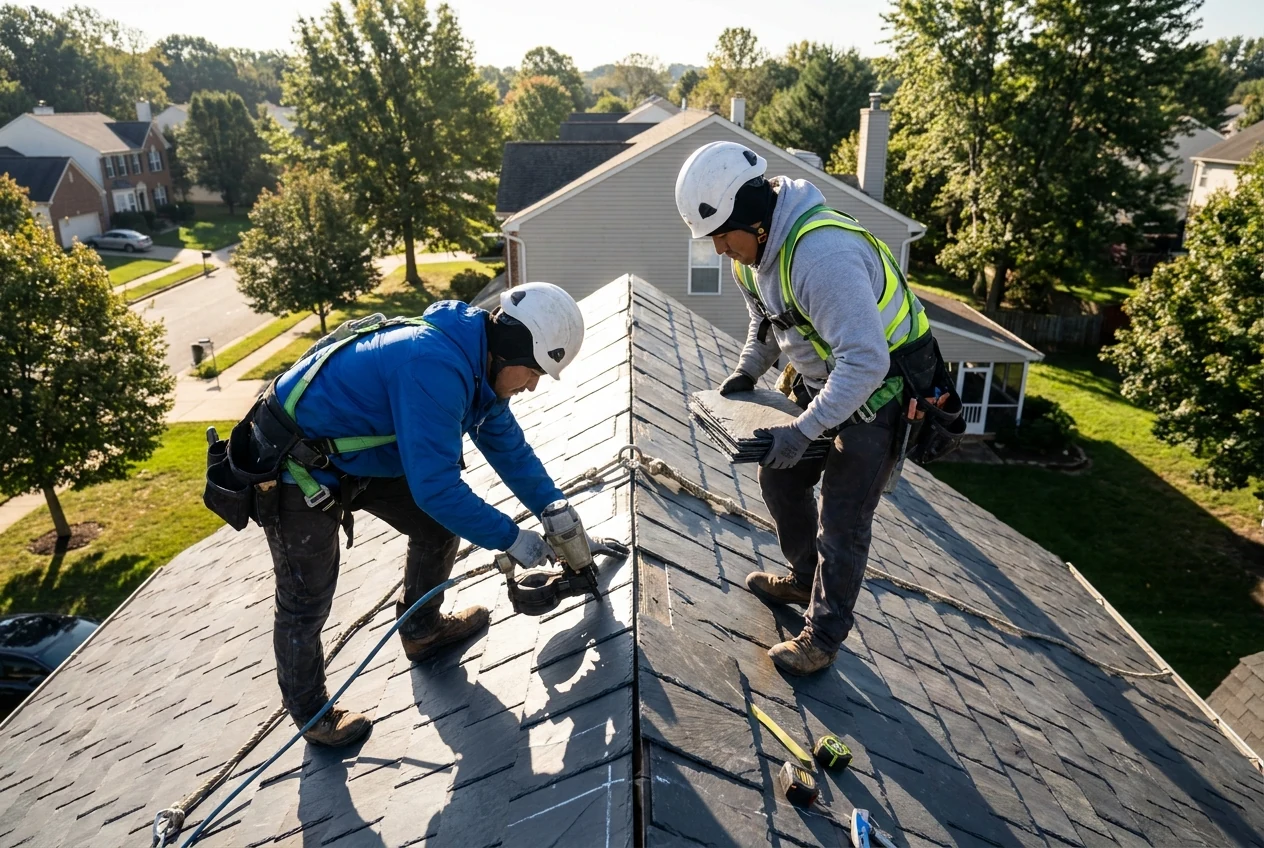 Roofing professionals working efficiently at a residential home