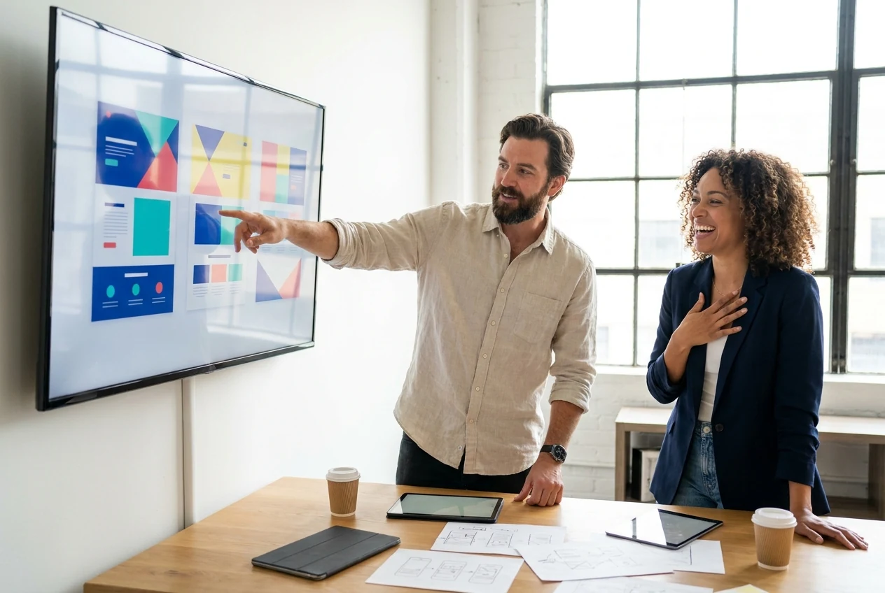 Creative director presenting a website concept to an engaged client