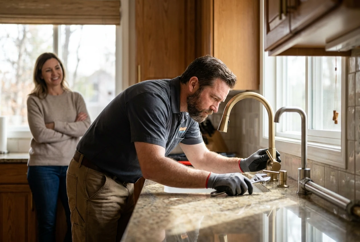 Plumber completing a pristine kitchen fixture installation