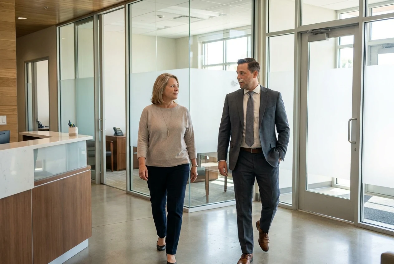 Relieved client leaving a law office after a successful meeting