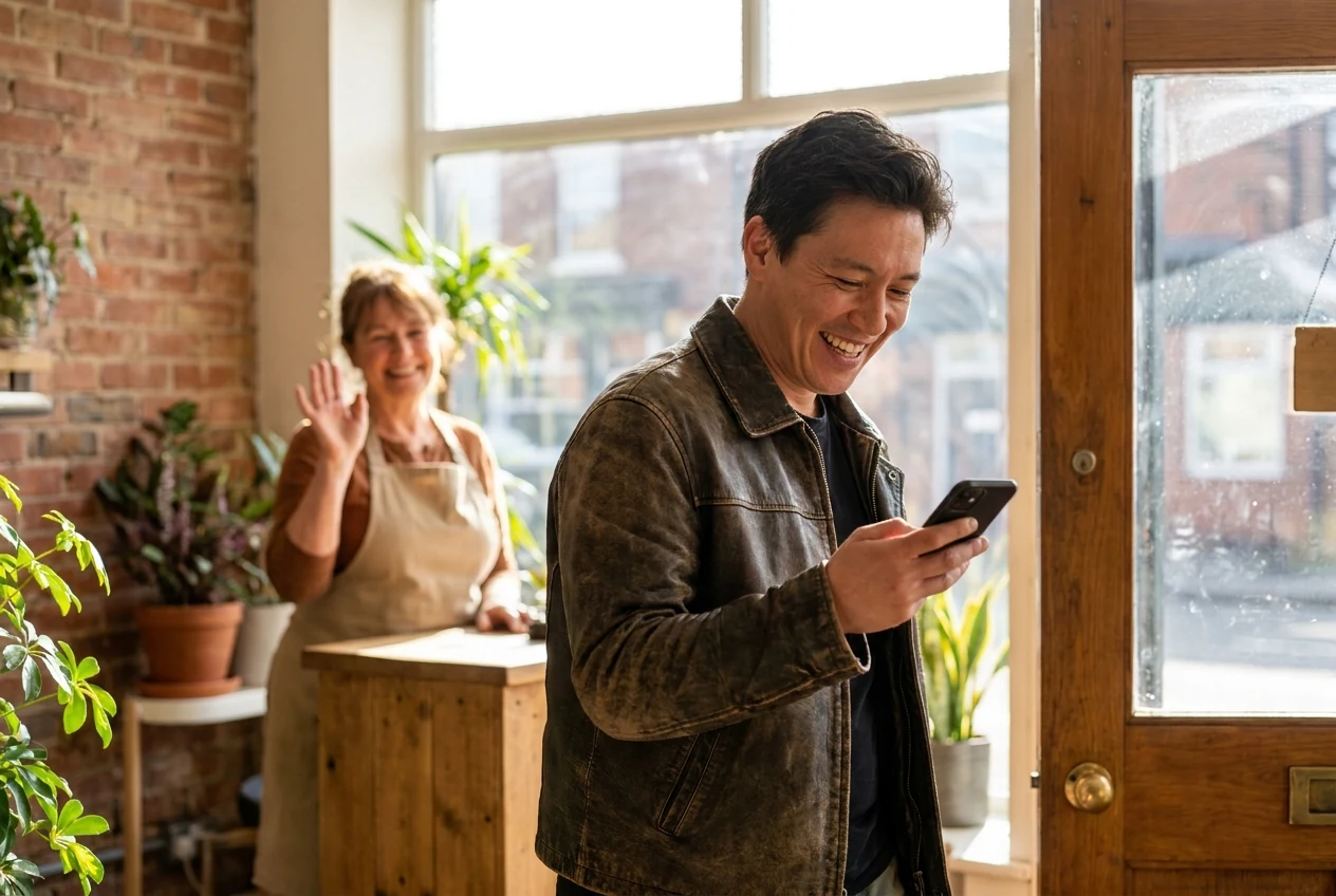 Happy customer sharing feedback after a local service experience