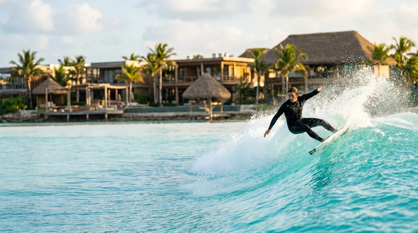 Surfer carving a resort wave with luxury accommodations in the distance