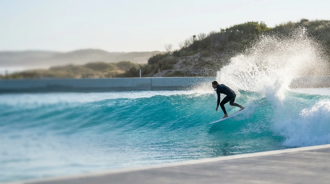 Surfer carving a powerful artificial wave at a modern surf park